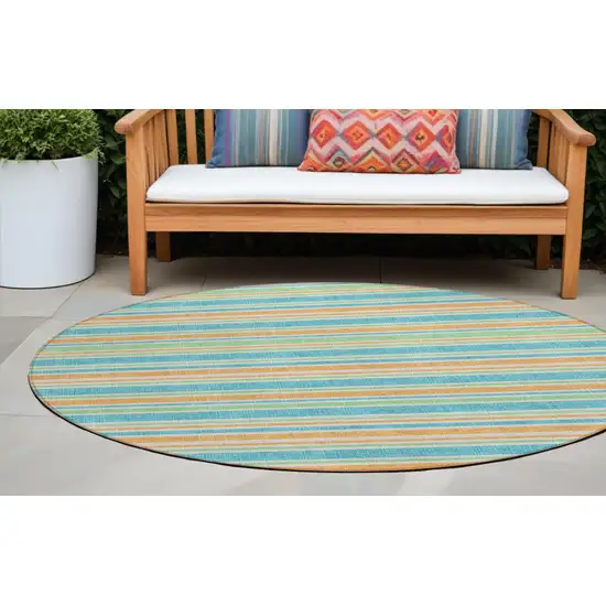 Teal Yellow and Green Round Striped Washable Non Skid Indoor Outdoor Area Rug Photo 1