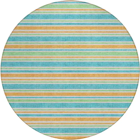 Teal Yellow and Green Round Striped Washable Non Skid Indoor Outdoor Area Rug Photo 2