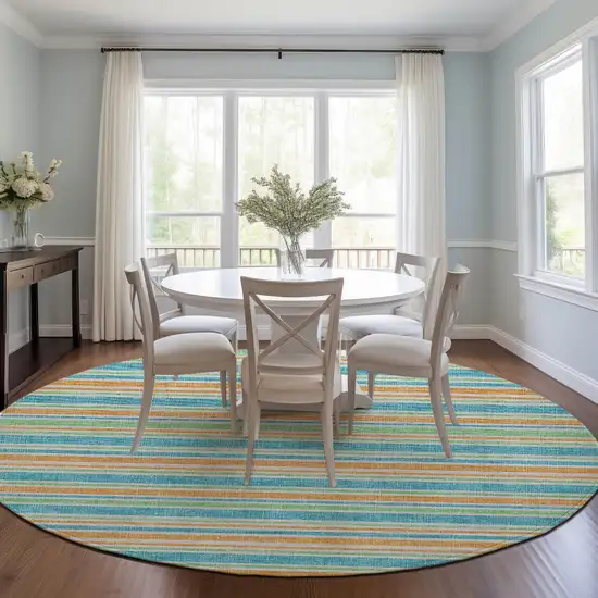 Teal Yellow and Green Round Striped Washable Non Skid Indoor Outdoor Area Rug Photo 7