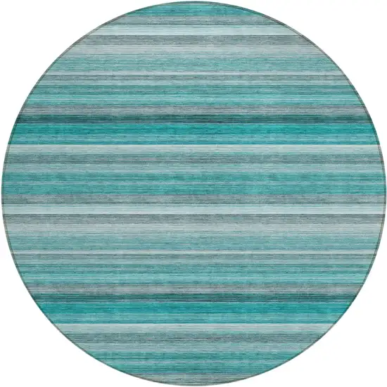 8' Round Teal Round Striped Washable Non Skid Indoor Outdoor Area Rug Photo 2