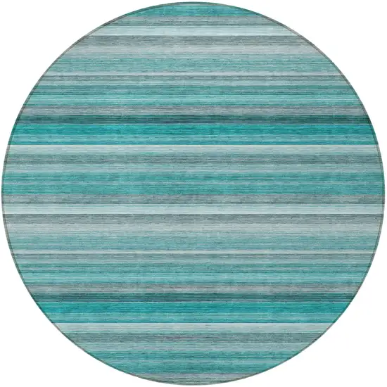 8' Round Teal Round Striped Washable Non Skid Indoor Outdoor Area Rug Photo 4