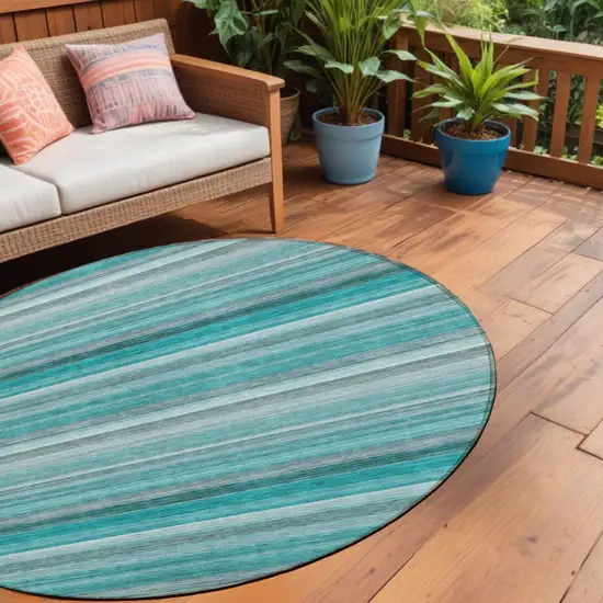 Teal Round Striped Washable Non Skid Indoor Outdoor Area Rug Photo 1