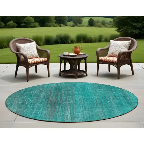 Teal Round Striped Washable Non Skid Indoor Outdoor Area Rug Photo 1