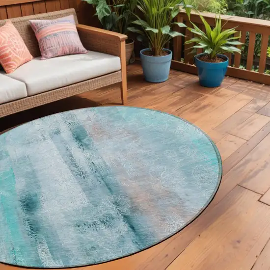 8' Round Teal Round Washable Non Skid Indoor Outdoor Area Rug Photo 1