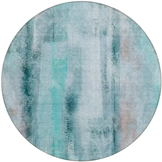 8' Round Teal Round Washable Non Skid Indoor Outdoor Area Rug Photo 2