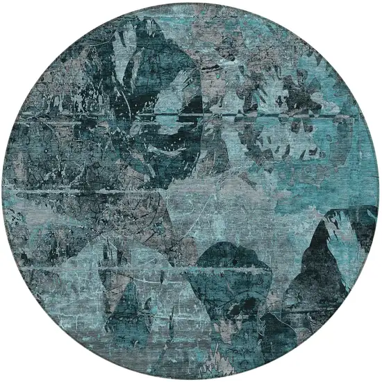 8' Round Teal and Gray Round Floral Washable Non Skid Indoor Outdoor Area Rug Photo 5