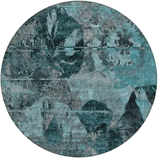 8' Round Teal and Gray Round Floral Washable Non Skid Indoor Outdoor Area Rug Photo 5