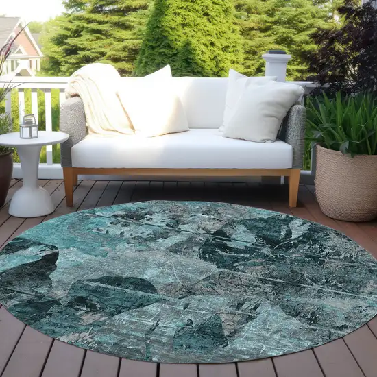 Teal and Gray Round Floral Washable Non Skid Indoor Outdoor Area Rug Photo 9