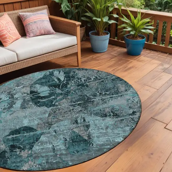 8' Round Teal and Gray Round Floral Washable Non Skid Indoor Outdoor Area Rug Photo 1