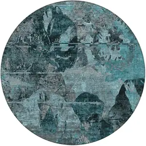 Photo of 8' Round Teal and Gray Round Floral Washable Non Skid Indoor Outdoor Area Rug