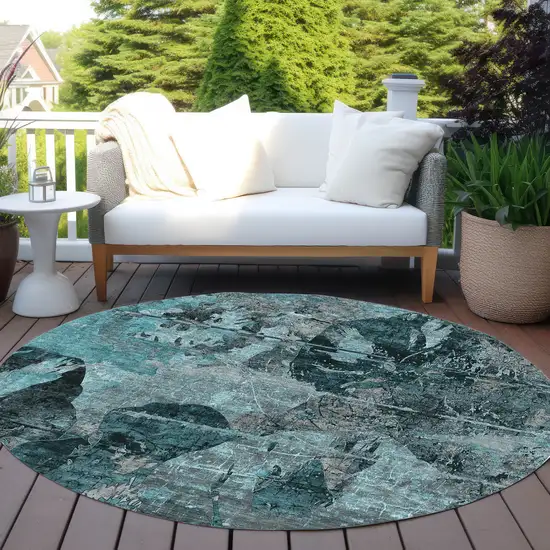 8' Round Teal and Gray Round Floral Washable Non Skid Indoor Outdoor Area Rug Photo 9