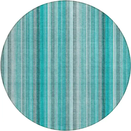 8' Round Teal and Gray Round Striped Washable Non Skid Indoor Outdoor Area Rug Photo 2