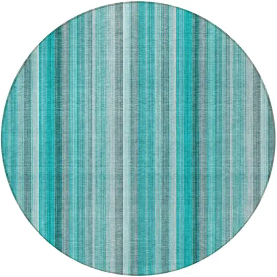 8' Round Teal and Gray Round Striped Washable Non Skid Indoor Outdoor Area Rug Photo 4