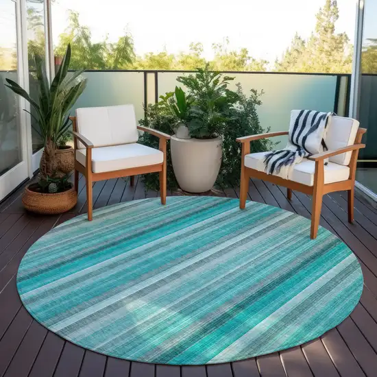 Teal and Gray Round Striped Washable Non Skid Indoor Outdoor Area Rug Photo 8