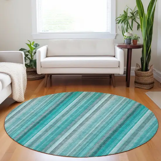 8' Round Teal and Gray Round Striped Washable Non Skid Indoor Outdoor Area Rug Photo 9