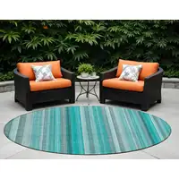 Photo of 8' Round Teal and Gray Round Striped Washable Non Skid Indoor Outdoor Area Rug