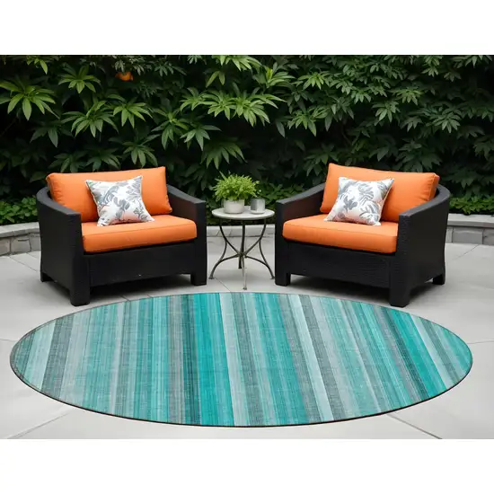 8' Round Teal and Gray Round Striped Washable Non Skid Indoor Outdoor Area Rug Photo 1