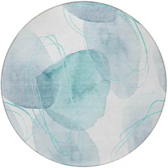 Teal and Ivory Round Abstract Washable Non Skid Indoor Outdoor Area Rug Photo 5