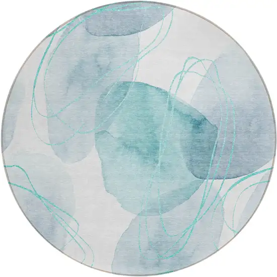 Teal and Ivory Round Abstract Washable Non Skid Indoor Outdoor Area Rug Photo 2