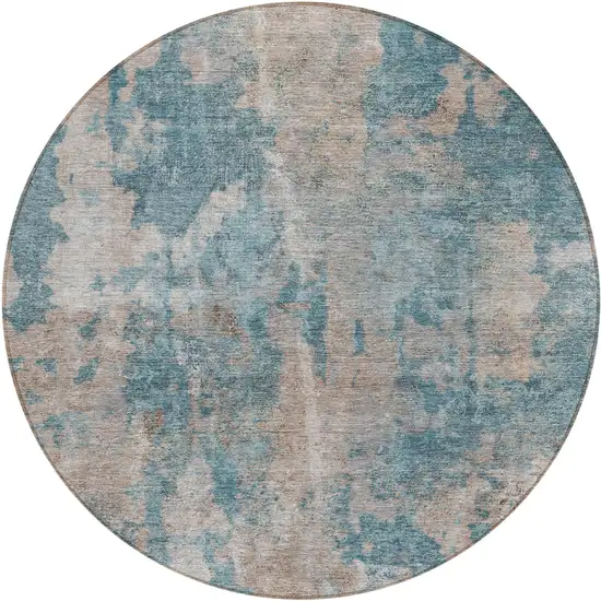 8' Round Teal and Taupe Round Abstract Washable Non Skid Indoor Outdoor Area Rug Photo 2