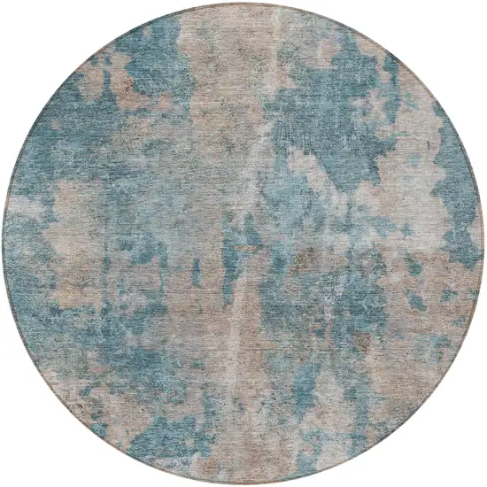 8' Round Teal and Taupe Round Abstract Washable Non Skid Indoor Outdoor Area Rug Photo 4