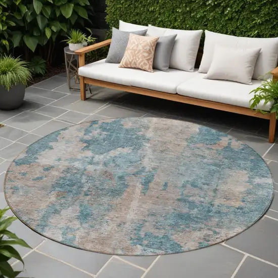 8' Round Teal and Taupe Round Abstract Washable Non Skid Indoor Outdoor Area Rug Photo 1