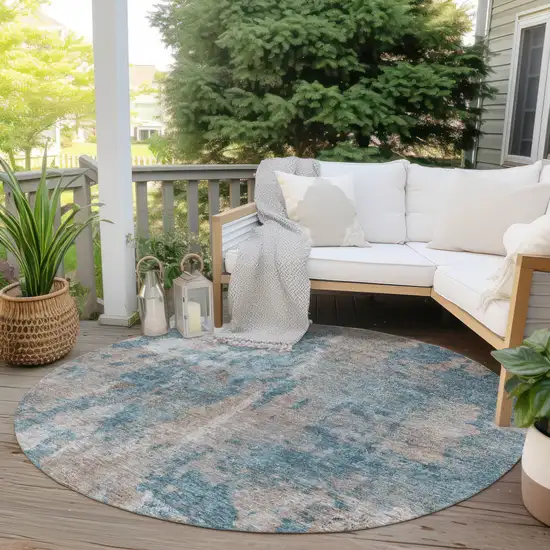 8' Round Teal and Taupe Round Abstract Washable Non Skid Indoor Outdoor Area Rug Photo 8