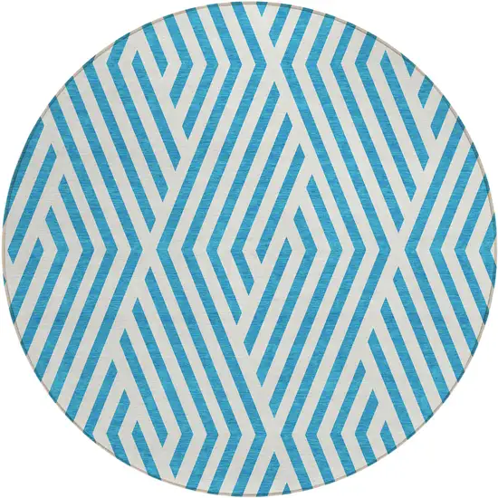 8' Round Teal and White Round Geometric Washable Non Skid Indoor Outdoor Area Rug Photo 2