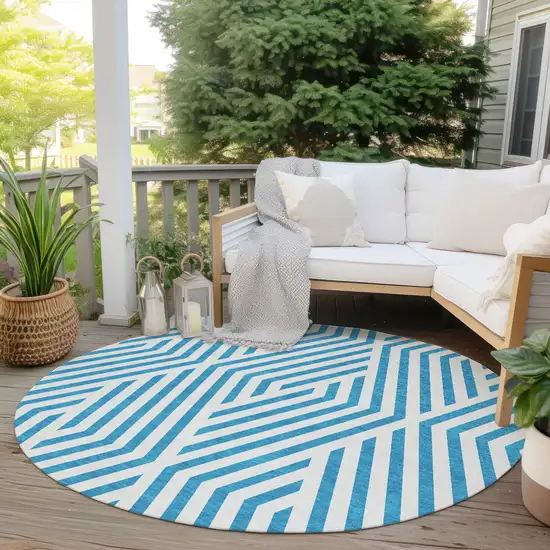 8' Round Teal and White Round Geometric Washable Non Skid Indoor Outdoor Area Rug Photo 8