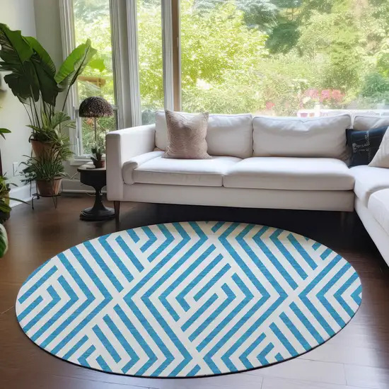 Teal and White Round Geometric Washable Non Skid Indoor Outdoor Area Rug Photo 9