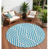 Photo of 8' Round Teal and White Round Geometric Washable Non Skid Indoor Outdoor Area Rug