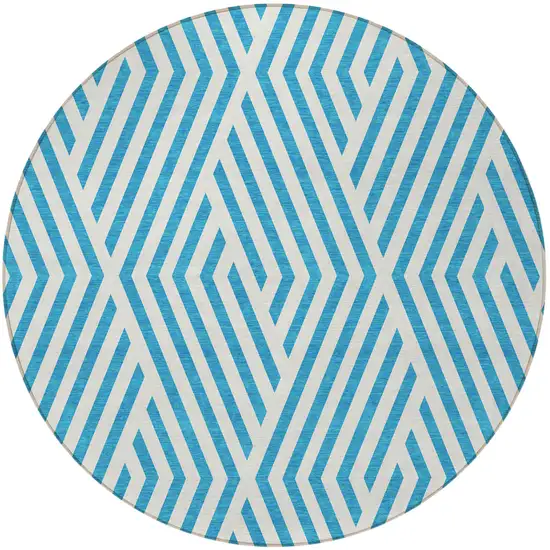 Teal and White Round Geometric Washable Non Skid Indoor Outdoor Area Rug Photo 4