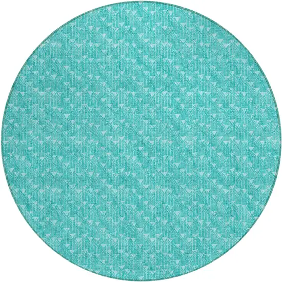 8' Round Turquoise Round Geometric Washable Non Skid Indoor Outdoor Area Rug Photo 2