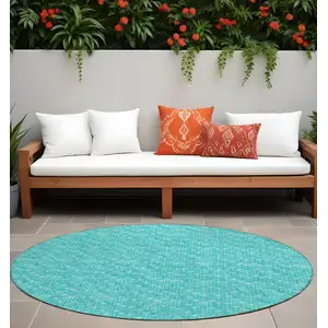 Photo of 8' Round Turquoise Round Geometric Washable Non Skid Indoor Outdoor Area Rug