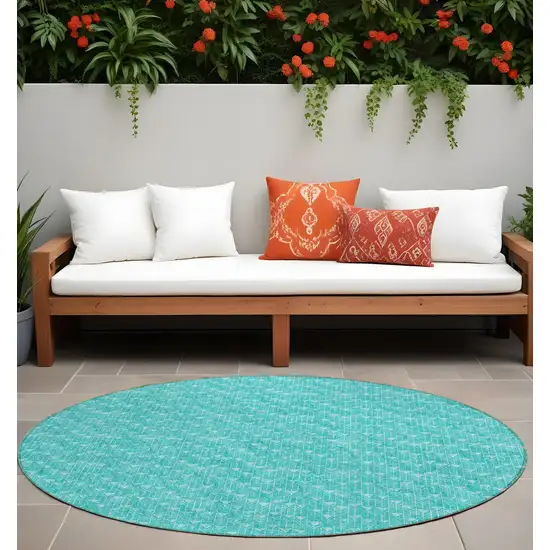 8' Round Turquoise Round Geometric Washable Non Skid Indoor Outdoor Area Rug Photo 1