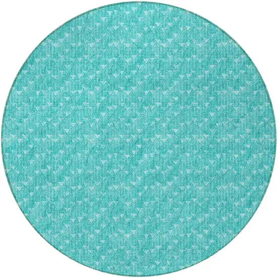 8' Round Turquoise Round Geometric Washable Non Skid Indoor Outdoor Area Rug Photo 4