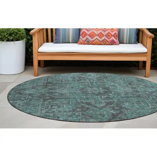 8' Round Turquoise Round Oriental Washable Non Skid Indoor Outdoor Area Rug Photo 1