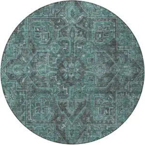 Photo of 8' Round Turquoise Round Oriental Washable Non Skid Indoor Outdoor Area Rug