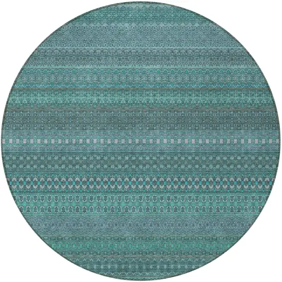 8' Round Turquoise Round Striped Washable Non Skid Indoor Outdoor Area Rug Photo 4