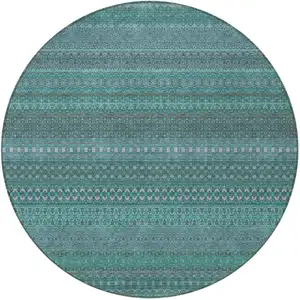 Photo of 8' Round Turquoise Round Striped Washable Non Skid Indoor Outdoor Area Rug