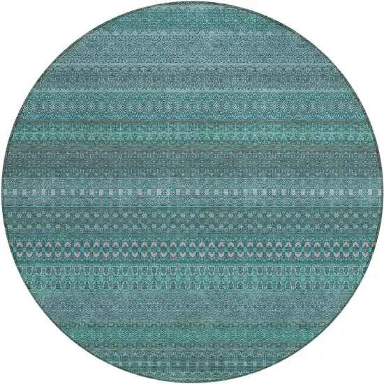 8' Round Turquoise Round Striped Washable Non Skid Indoor Outdoor Area Rug Photo 2