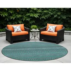 Photo of 8' Round Turquoise Round Striped Washable Non Skid Indoor Outdoor Area Rug