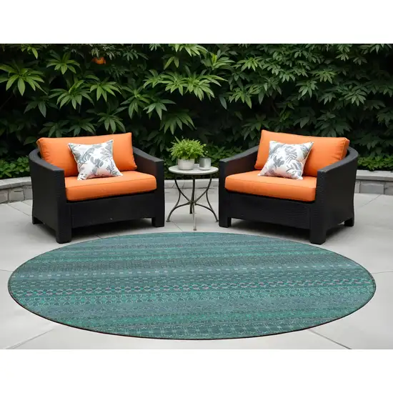 8' Round Turquoise Round Striped Washable Non Skid Indoor Outdoor Area Rug Photo 1