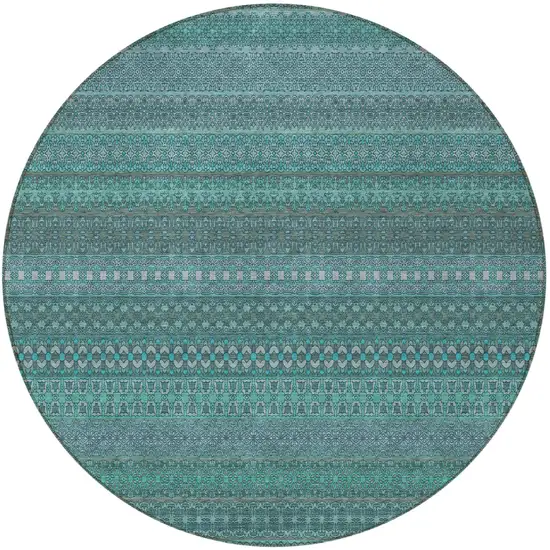 8' Round Turquoise Round Striped Washable Non Skid Indoor Outdoor Area Rug Photo 5