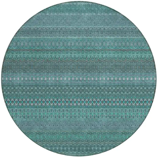 8' Round Turquoise Round Striped Washable Non Skid Indoor Outdoor Area Rug Photo 2