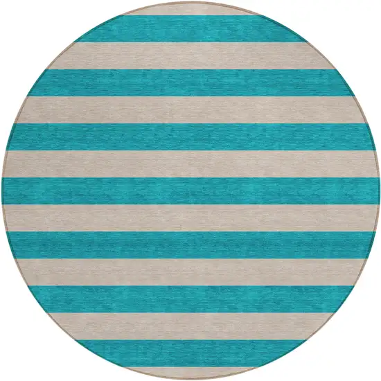 8' Round Turquoise Round Striped Washable Non Skid Indoor Outdoor Area Rug Photo 2