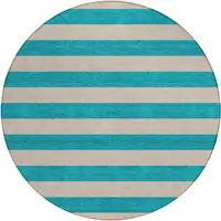 Photo of 8' Round Turquoise Round Striped Washable Non Skid Indoor Outdoor Area Rug