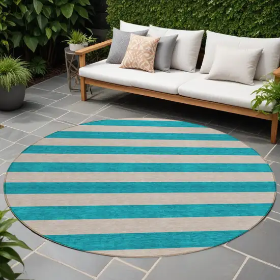 8' Round Turquoise Round Striped Washable Non Skid Indoor Outdoor Area Rug Photo 1