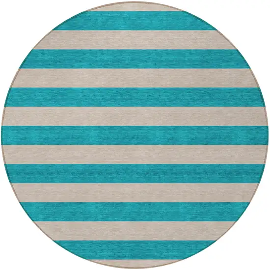 8' Round Turquoise Round Striped Washable Non Skid Indoor Outdoor Area Rug Photo 5