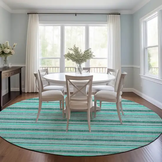 Turquoise Round Striped Washable Indoor Outdoor Area Rug Photo 6